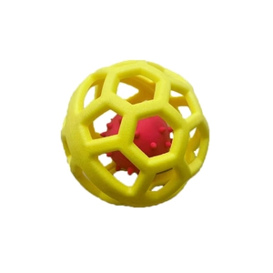 Yellow hollow honeycomb TPR rubber pet toy ball with red spiked bell ball for dogs and cats