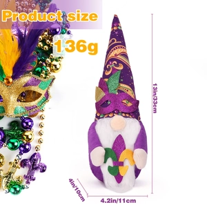 33cm Mardi Gras gnome doll in purple, green and gold with fleur-de-lis and mask