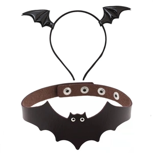 Detail view of Halloween bat wing headband and faux leather choker with snap closure