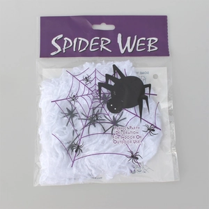 Halloween spider web decoration set with black plastic spiders in retail packaging