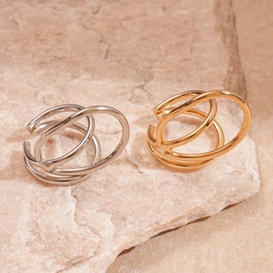 Minimalist double-layered geometric open ring in gold and silver finish on stone