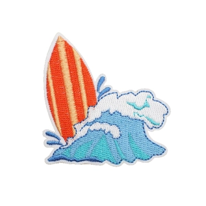 Embroidered surf patch featuring a red striped surfboard and blue ocean wave design