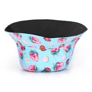 Detailed close-up of double-sided strawberry print bucket hat with precise stitching
