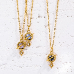 Vintage Saturn Planet Pendant Necklace Stainless Steel 18K Gold Plated Star Zirconia Luxury Jewelry For Women