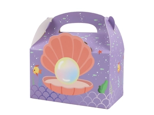 Detail of purple underwater world gift box with a pink shell and pearl graphic