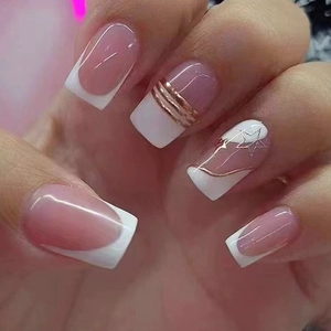 French Square Press On Nails Pink White Minimalist Star Metallic Line Style Elegant False Nails For Women Beauty Decorative