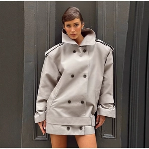 Women Short Trench Coat Stand Collar Double Breasted Belted Biker Style Loose Windbreaker Jacket