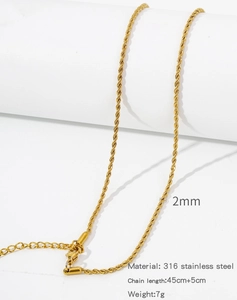 Detailed view of 2mm 18k gold plated stainless steel twist chain with product specs