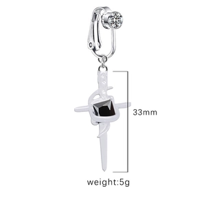 Detail of 33mm cross belly ring with black square gemstone and crystal on white background
