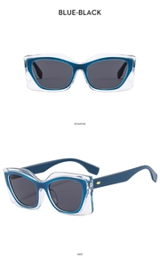 Dual view detail of blue-black cat eye sunglasses frame showing front and side profile