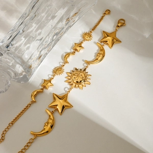 18K gold plated stainless steel sun moon and star pendant bracelets set in golden finish