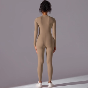 Detailed back view of khaki high-elastic yoga jumpsuit with waist-shaping seam