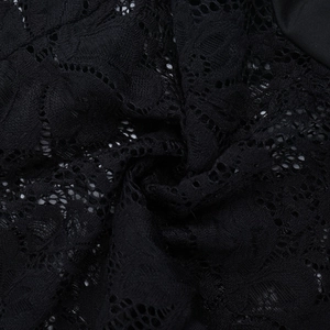 Close-up of black lace fabric showing intricate floral knit patterns and texture