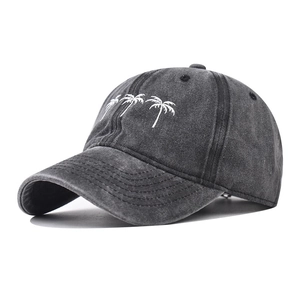 Retro Washed Cotton Baseball Cap Embroidered Coconut Trees Distressed Curved Brim Outdoor Sun Hat Adjustable Unisex