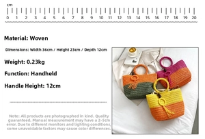 Detailed dimensions and weight specifications for the multi-colored straw handbag