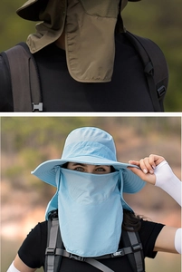 Detail of outdoor sun hat with breathable mesh face mask and neck protection flap