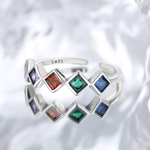 Rainbow geometric S925 sterling silver ring with colorful cubic zirconia stones