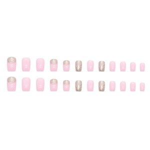 Pink press-on nail set featuring glitter accent pieces in mid-length square shape