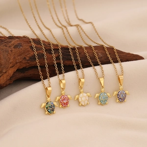 Golden stainless steel turtle necklaces with natural shell and enamel inlay pendants