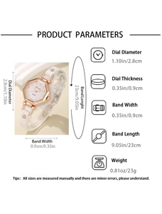 Détails de la montre à quartz dorée octogonale avec bracelet en cuir blanc et mesures