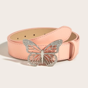 Pink PU leather belt for women featuring a large butterfly buckle with sparkling rhinestones