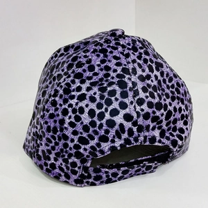 Rear view detail of purple leopard print baseball cap with back opening design