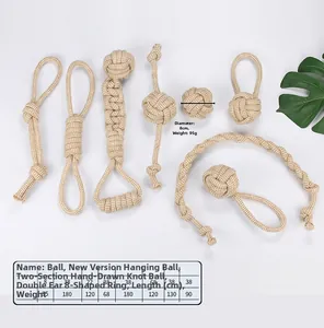 Detailed size chart for dog cotton rope toys showing specific lengths and weights