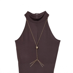 Chic dark brown sleeveless halter dress with elegant gold Y-shaped chain detail