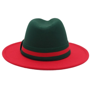 Detailed macro view of the two-tone fedora hat with green and red striped ribbon band