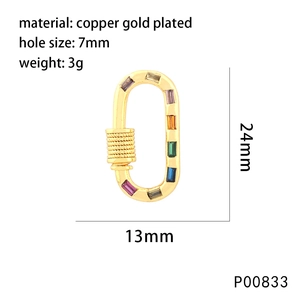 Fermoir ovale en cuivre plaqué or avec zircon coloré, dimensions 24x13mm et trou de 7mm