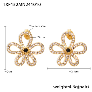 Detailed specs of flower-shaped titanium steel earrings with zircon and gold plating