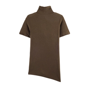 Detail of dark brown short sleeve mock neck top featuring a chic asymmetrical hemline