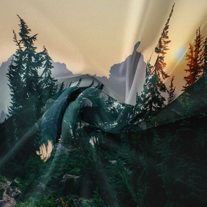 Detailed close-up of soft bohemian forest landscape tapestry with sunset mountains print