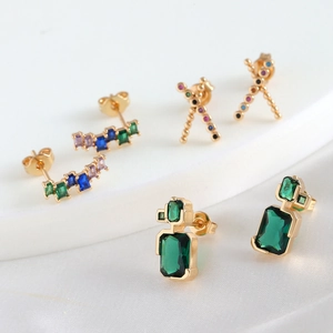 Exquisite gold-plated earrings set featuring emerald green zircons and rainbow gemstones