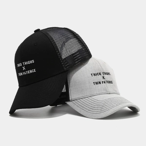 Black and grey mesh trucker hats featuring Thick Thighs Thin Patience embroidery
