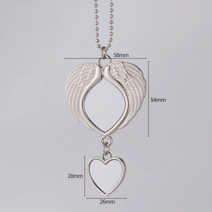 Detailed dimensions of silver angel wing pendant with heart charm for sublimation