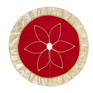 Red velvet Christmas tree skirt with gold trim and beaded flower patterns decoration