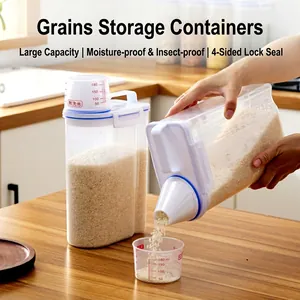 Transparent airtight food storage containers with white lids and red scale measuring cups
