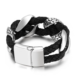 Men's wide braided leather bracelet with silver stainless steel magnetic clasp and scale texture