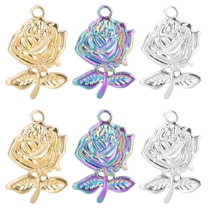 Rose Flower Pendant Stainless Steel Iridescent Rainbow Gold Silver Metal Charm For DIY Jewelry Making Necklaces