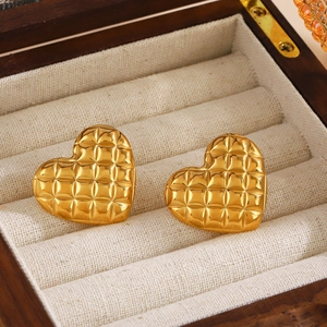 Elegant 18K gold plated heart stud earrings with quilted texture and vintage finish