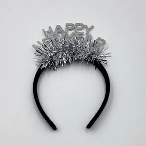 Silver Happy New Year glitter tinsel headband for holiday party celebration accessory