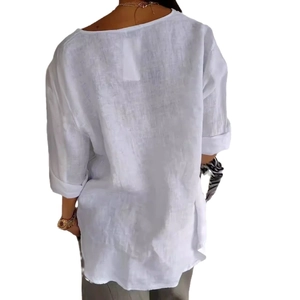 Camicetta bianca da donna in cotone e lino con scollo a V e vestibilità comoda