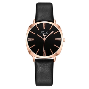 Fashionable women's square quartz watch with black leather strap and rose gold diamond case
