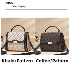 Detail view of khaki and coffee grid pattern handbags with metallic locks and handles