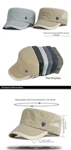 Detalle de gorra militar de secado rápido con malla transpirable y dimensiones exactas