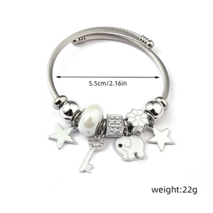 Silver charm bracelet featuring star, key, and elephant charms, weight 22g, diameter 5.5cm
