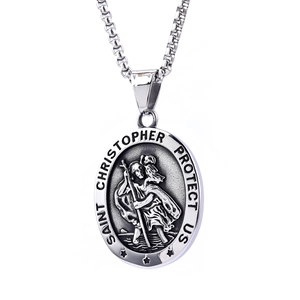 Polished silver stainless steel Saint Christopher oval medallion pendant necklace