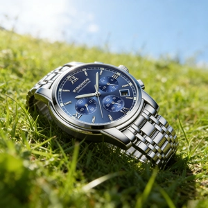Detailed view of an elegant men's stainless steel watch with a blue sunray dial on grass