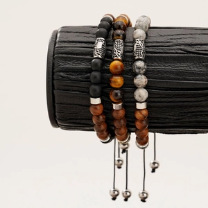 Herren Perlenarmband Natürlicher Tigerauge Stein Schwarzer Achat Landkartenstein Holzperlen Edelstahl Vintage Verstellbar Schmuck